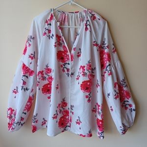 Womens Floral Rose Blouse Size 2XL Balloon Sleeve Flowy Peasant